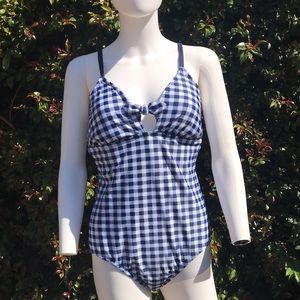 NWOT navy blue & white gingham one piece bathing suit with front bow for women